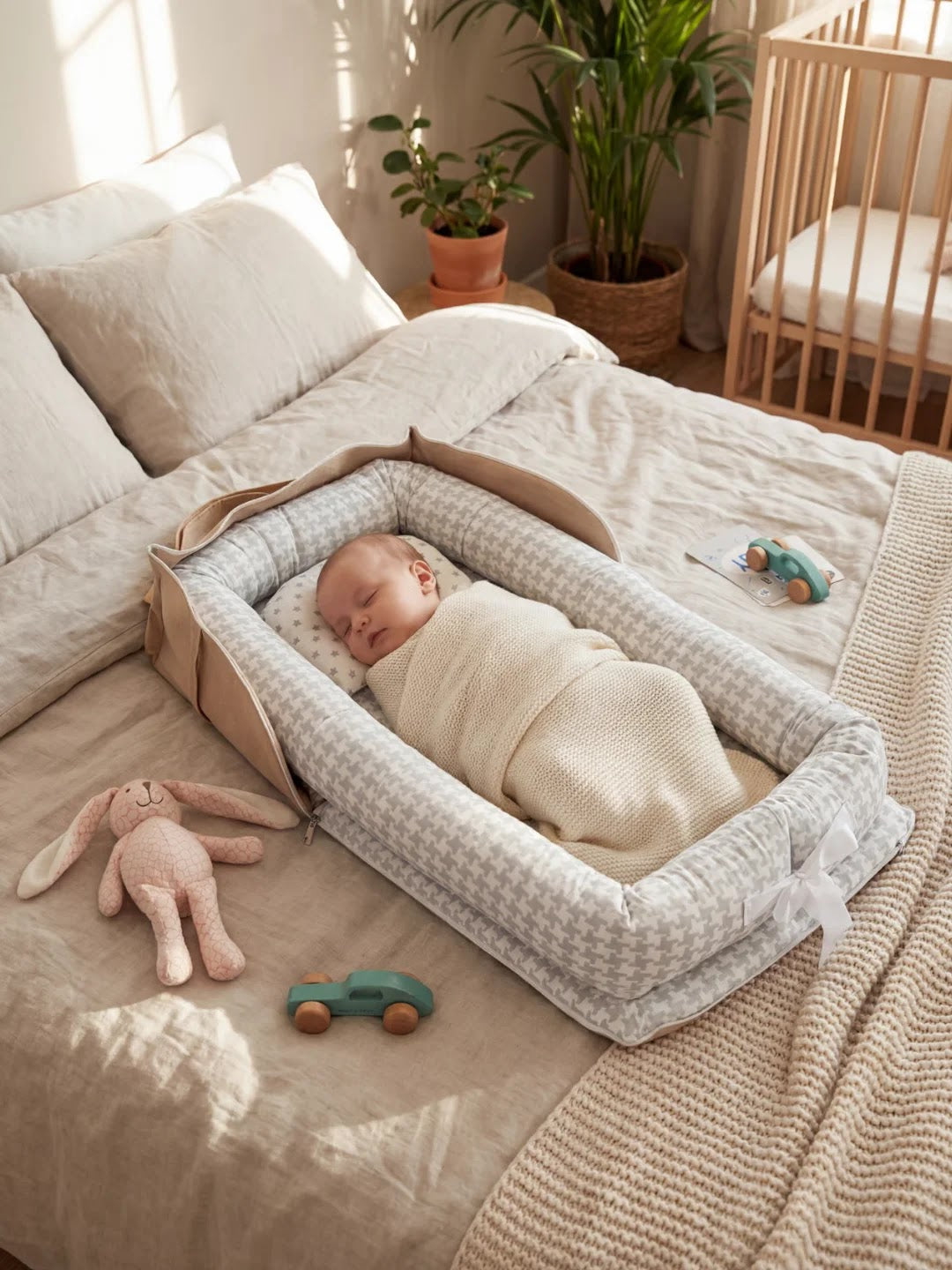 Bébé dormant dans un réducteur de lit gris sur un lit parental avec jouets et plantes.
