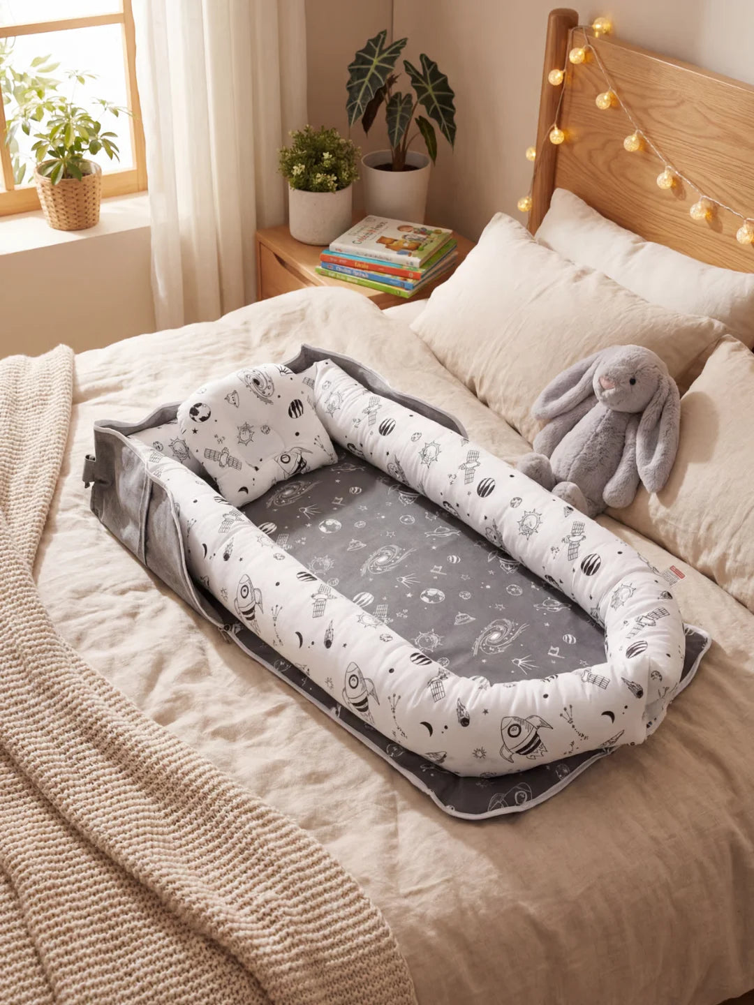 Réducteur de lit bébé gris et blanc avec motif espace fusées et planètes sur un lit