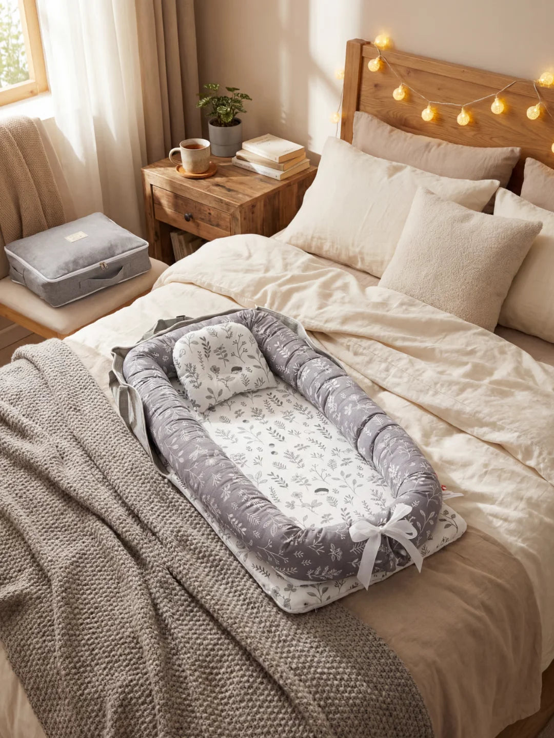Réducteur de lit bébé gris motif feuillages et fleurs posé sur un lit avec sac de transport