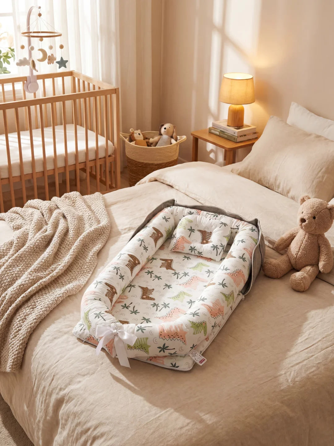 Réducteur de lit bébé avec motif dinosaures et palmiers posé sur un lit dans une chambre