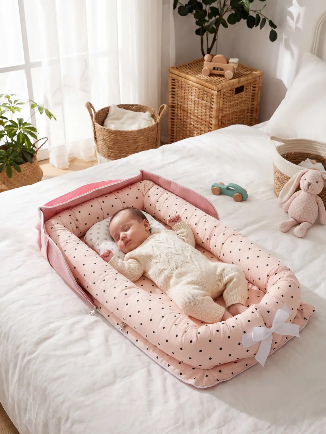 Bébé dormant dans un réducteur de lit rose à pois sur un lit blanc avec jouets et paniers.