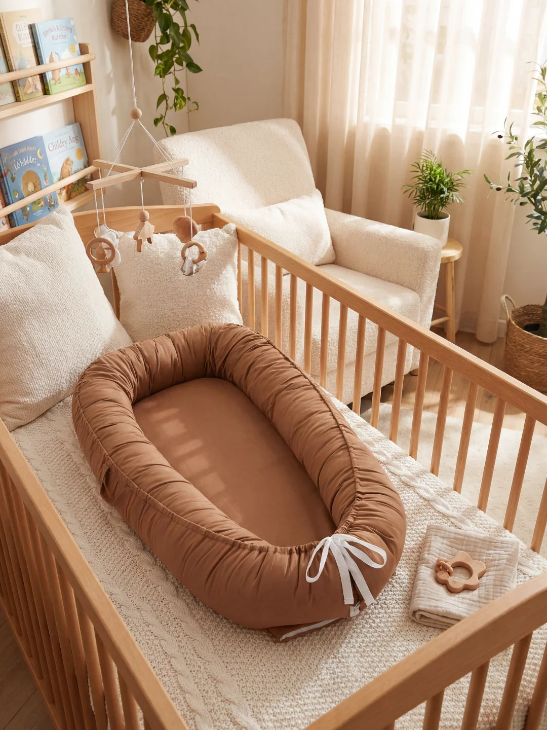 Nid bébé marron terre de sienne uni installé dans un berceau en bois clair.