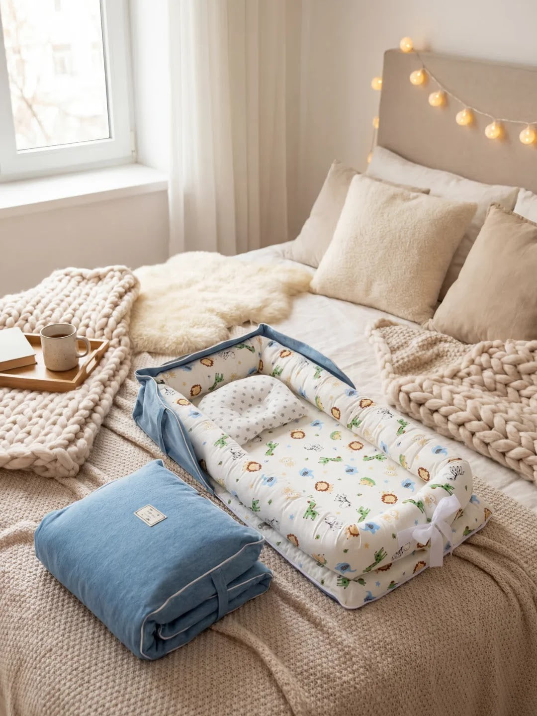 Réducteur de lit avec motifs animaux sur un lit dans une chambre cosy avec guirlande lumineuse.
