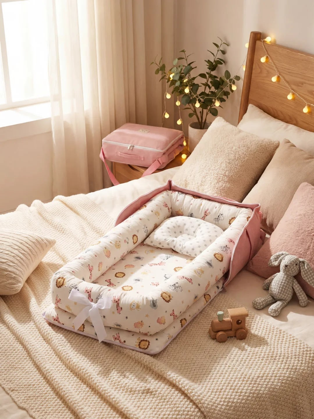 Réducteur de lit motif animal posé sur un lit avec coussins et jouets en peluche.