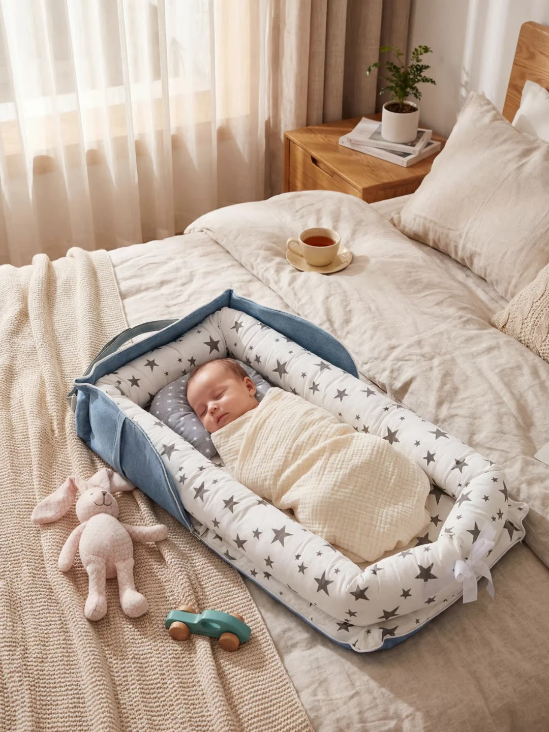 Bébé dormant dans un réducteur de lit bleu avec motif étoiles sur un lit, jouets à côté.
