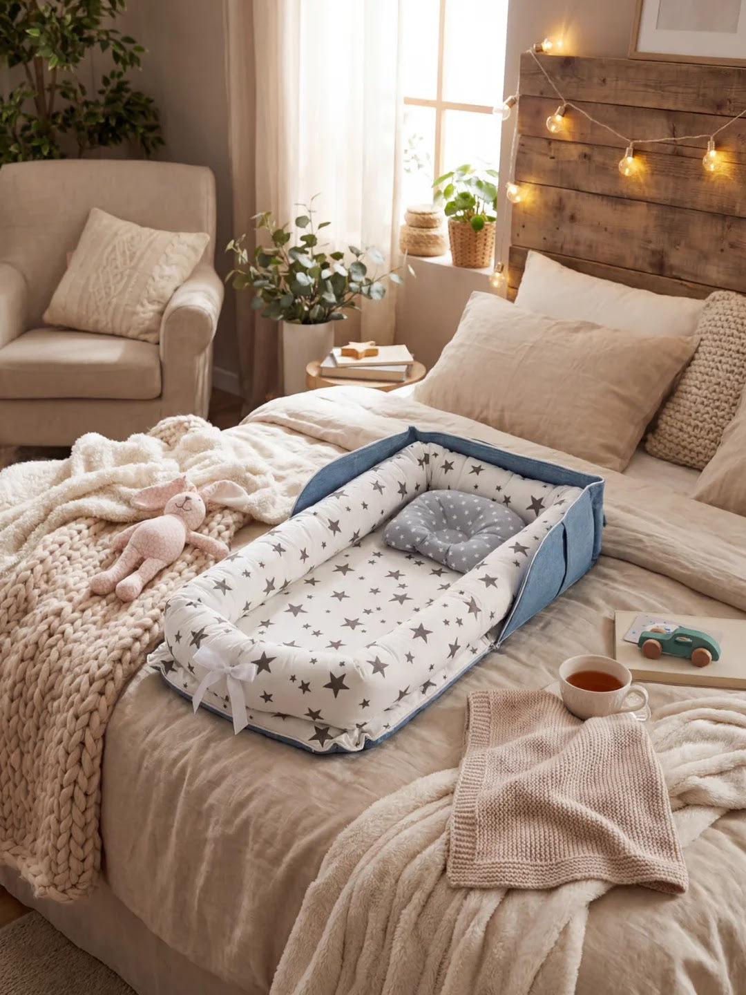 Réducteur de lit bleu avec motif étoiles posé sur un lit dans une chambre cosy.