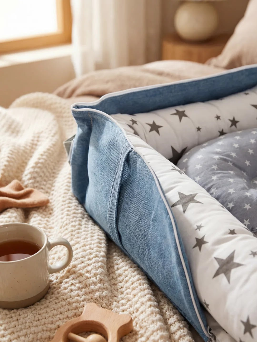 Réducteur de lit bleu avec motif étoiles sur un lit, tasse de thé à côté.