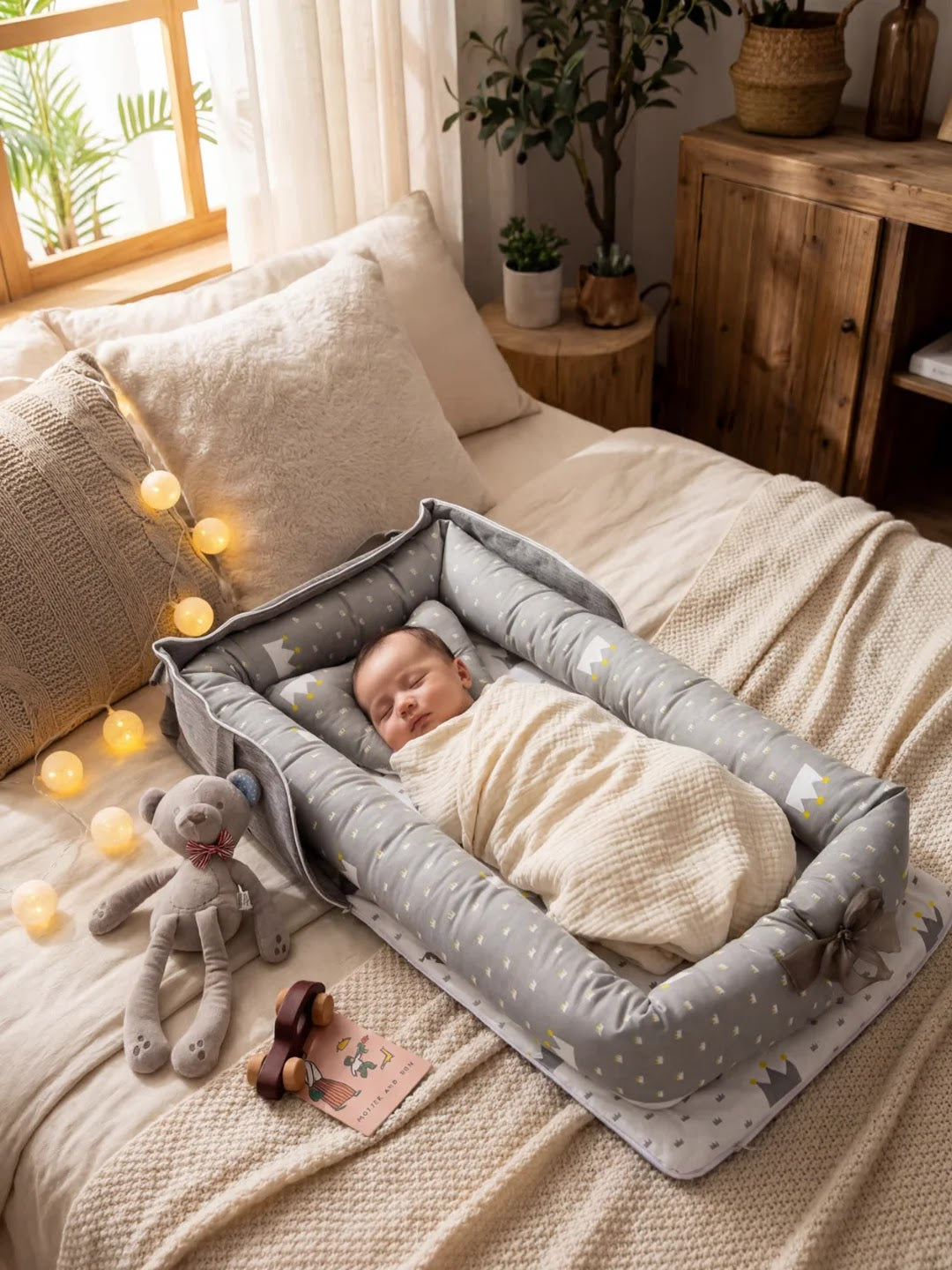 Bébé dormant dans un réducteur de lit gris avec motifs couronne sur un lit beige, jouet et guirlande lumineuse à côté.