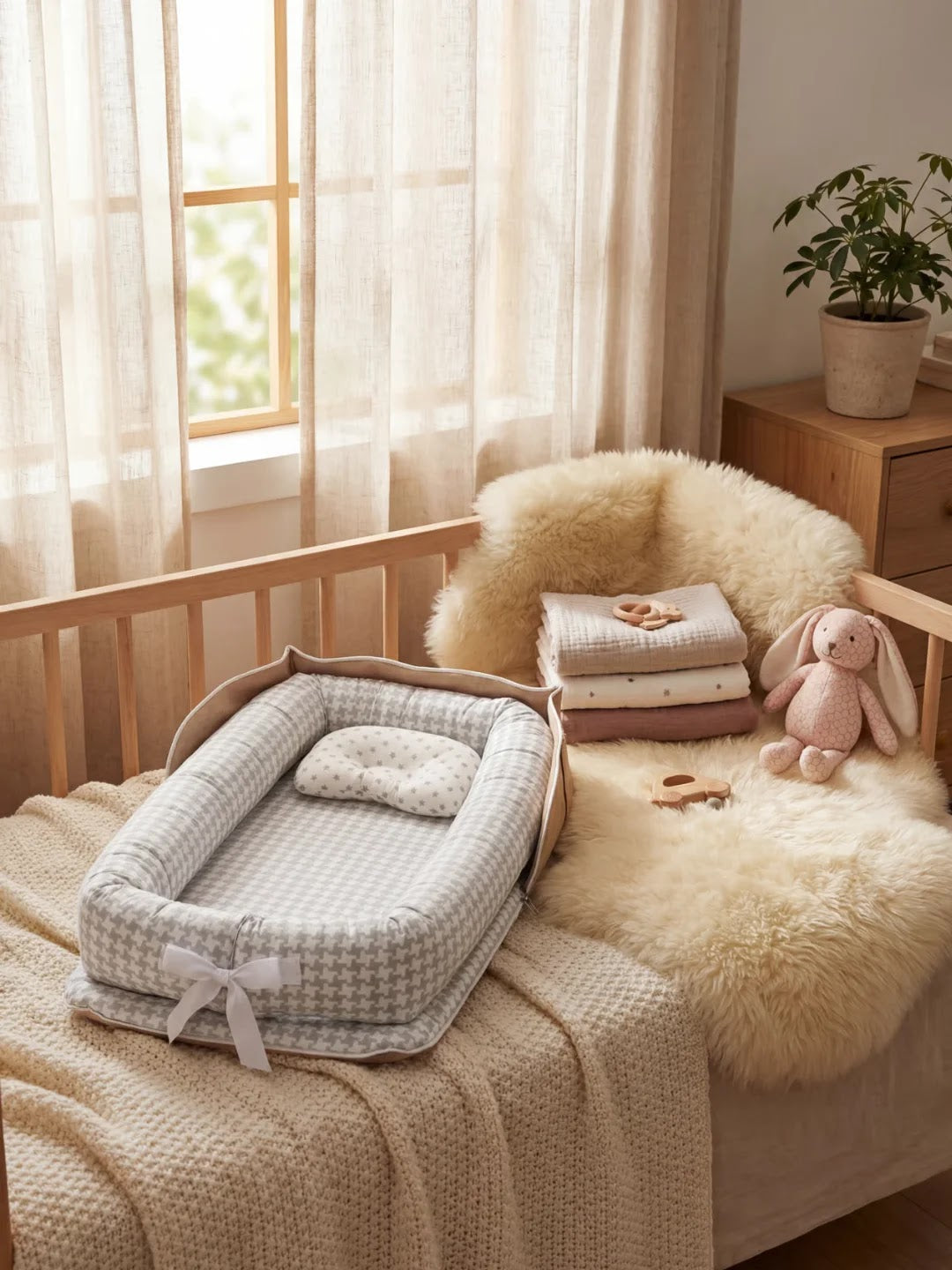 Réducteur de lit gris à carreaux dans un lit bébé avec peluche rose et couvertures.