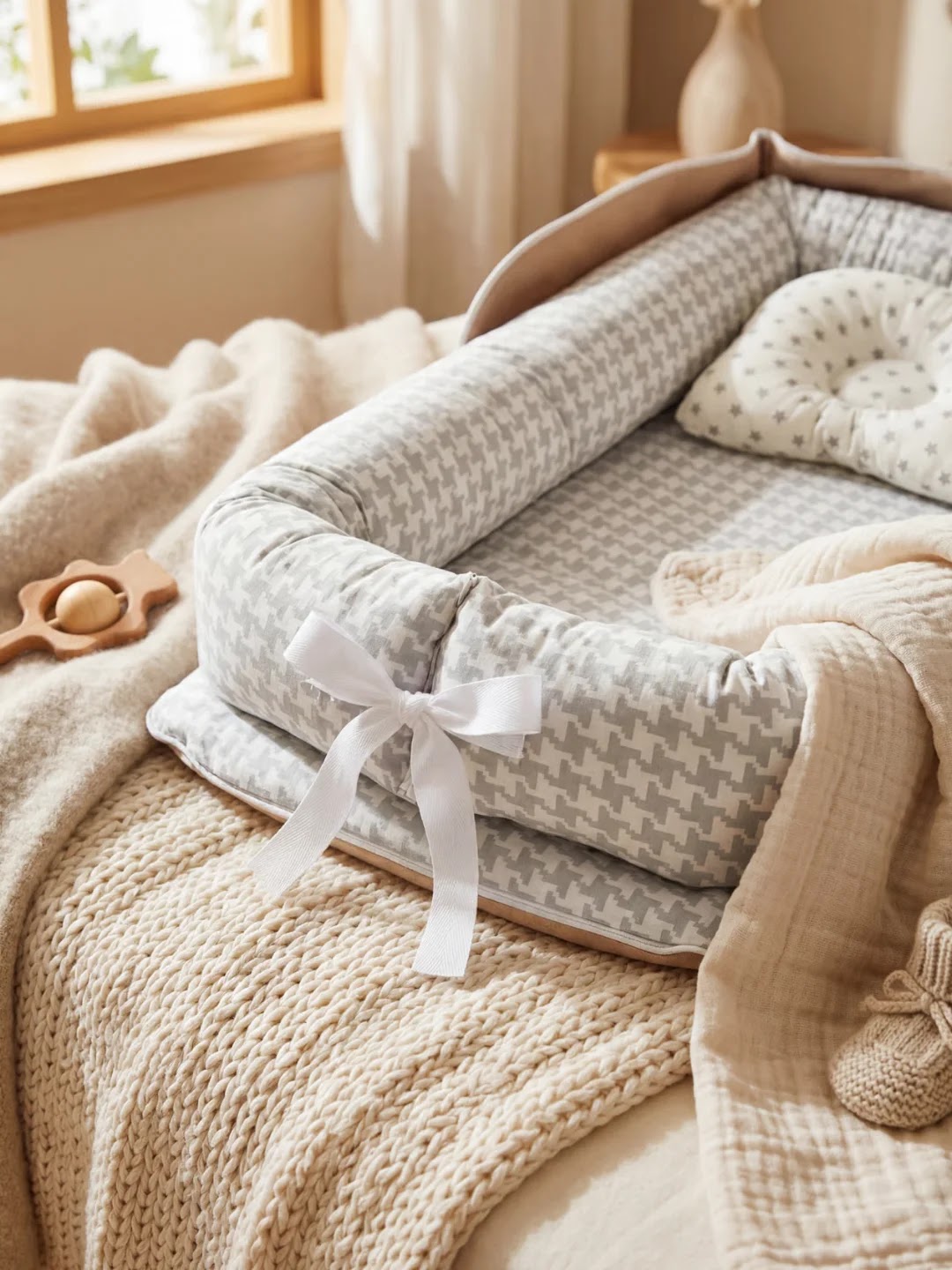 Réducteur de lit gris motif pied-de-poule posé sur un lit avec couverture beige.
