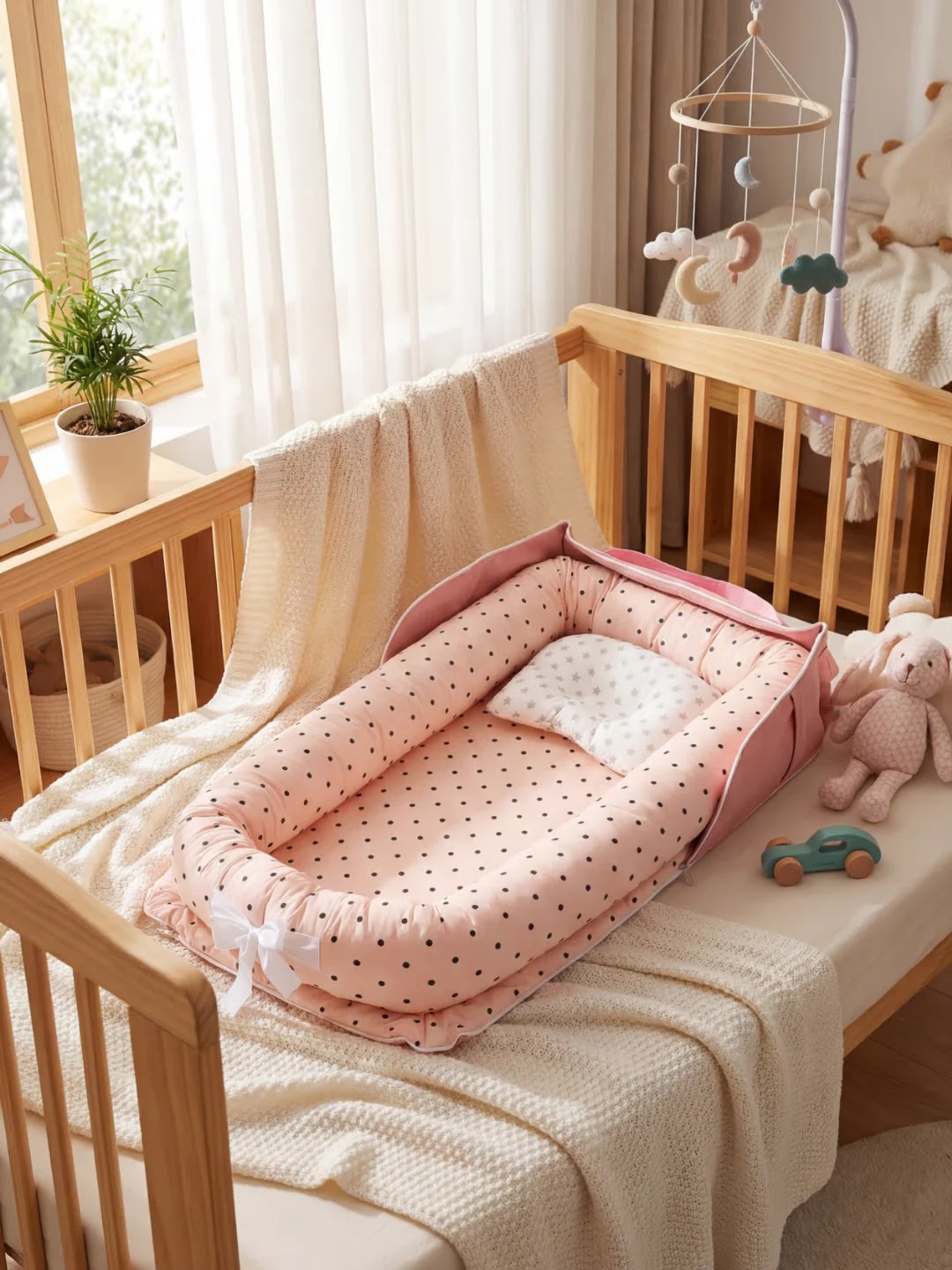 Réducteur de lit rose à pois noirs dans un berceau en bois avec jouets et couverture.