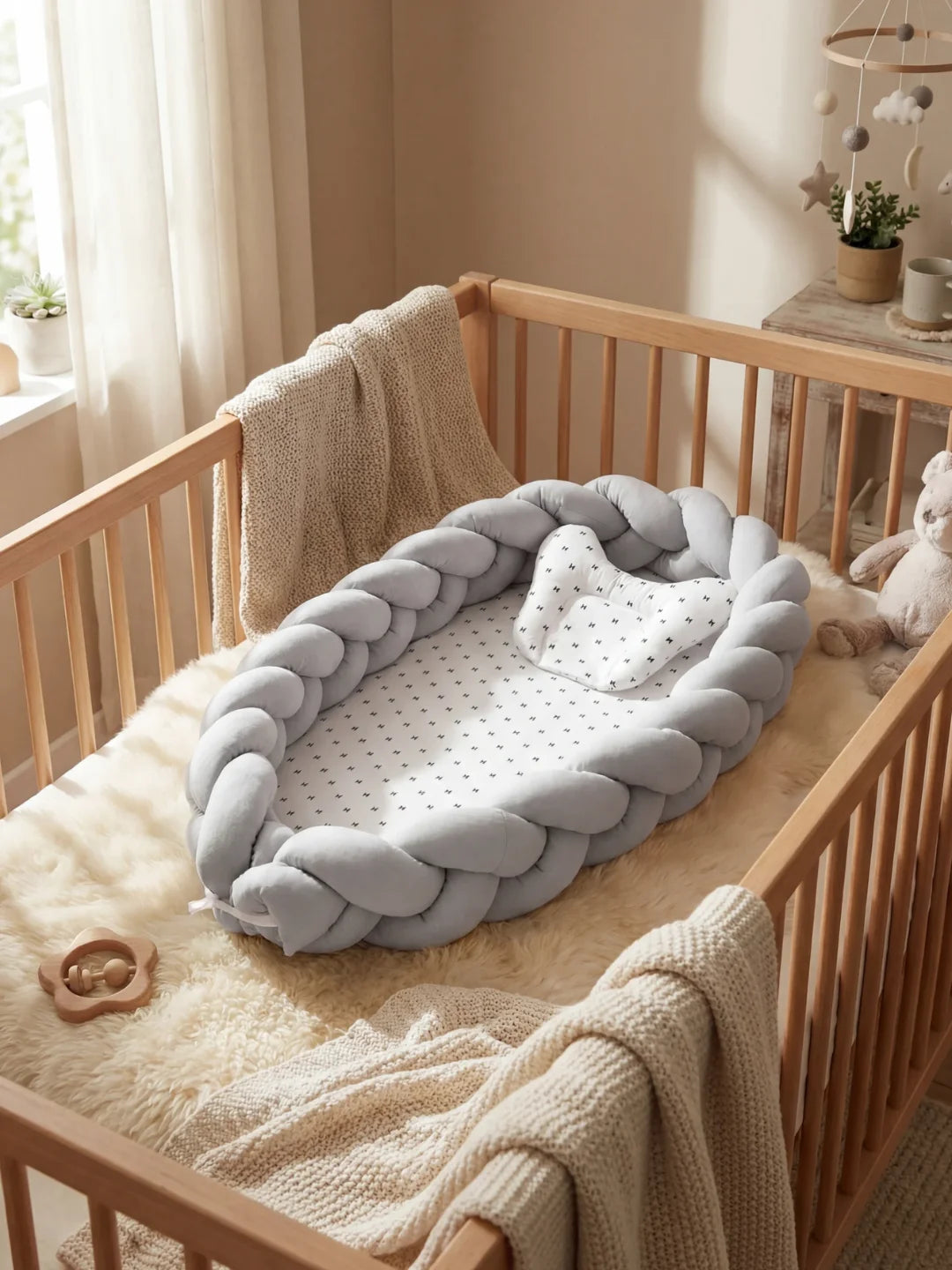 Réducteur de lit tressé gris avec coussin dans un berceau en bois