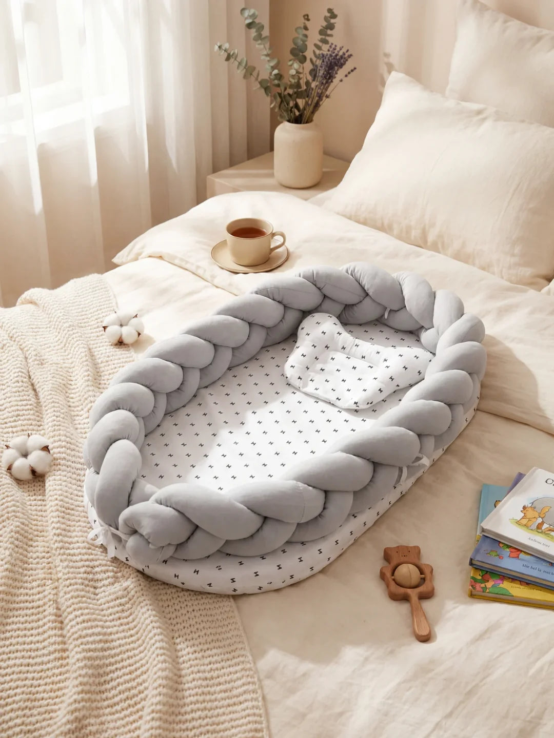 Réducteur de lit tressé gris avec matelas à motifs posé sur un lit adulte