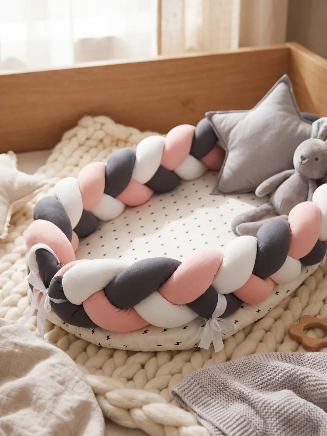 Réducteur de lit tressé rose anthracite et blanc avec coussin étoile et peluche lapin