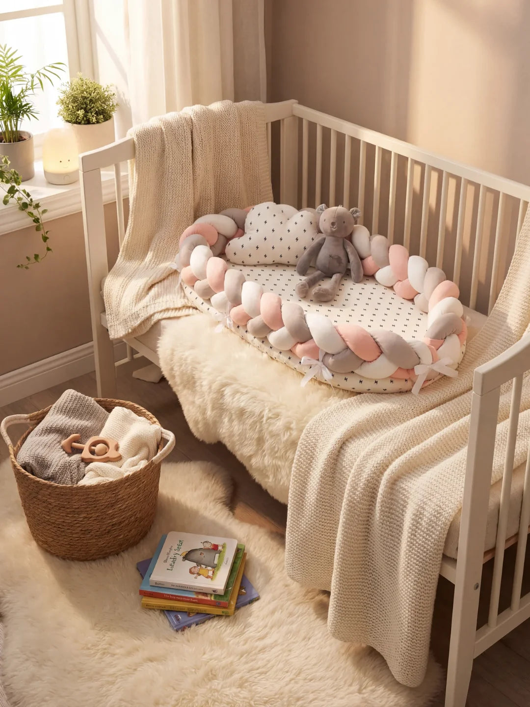 Réducteur de lit tressé rose gris et blanc dans un berceau blanc avec peluche