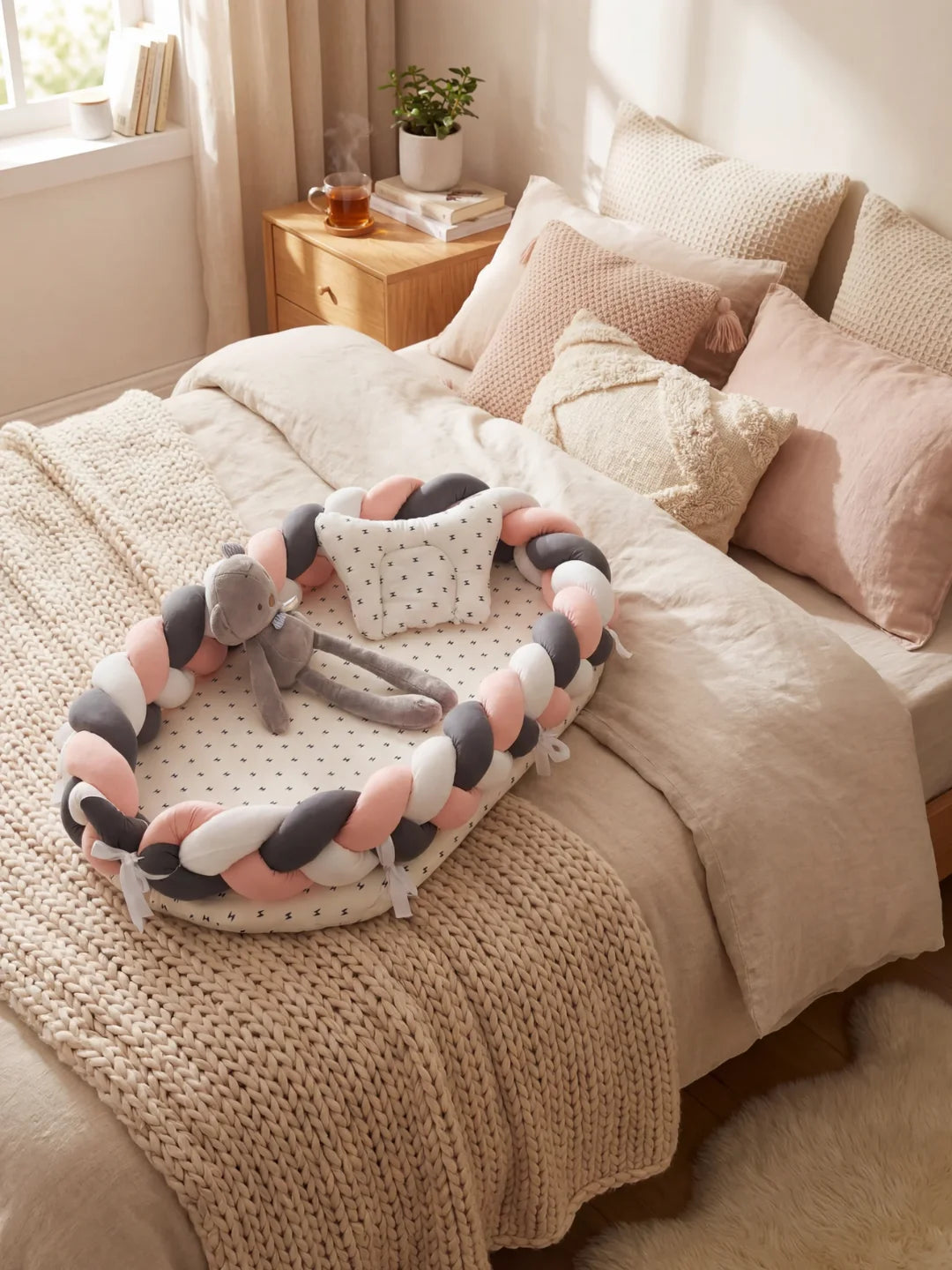 Réducteur de lit tressé rose anthracite et blanc posé sur un lit avec peluche