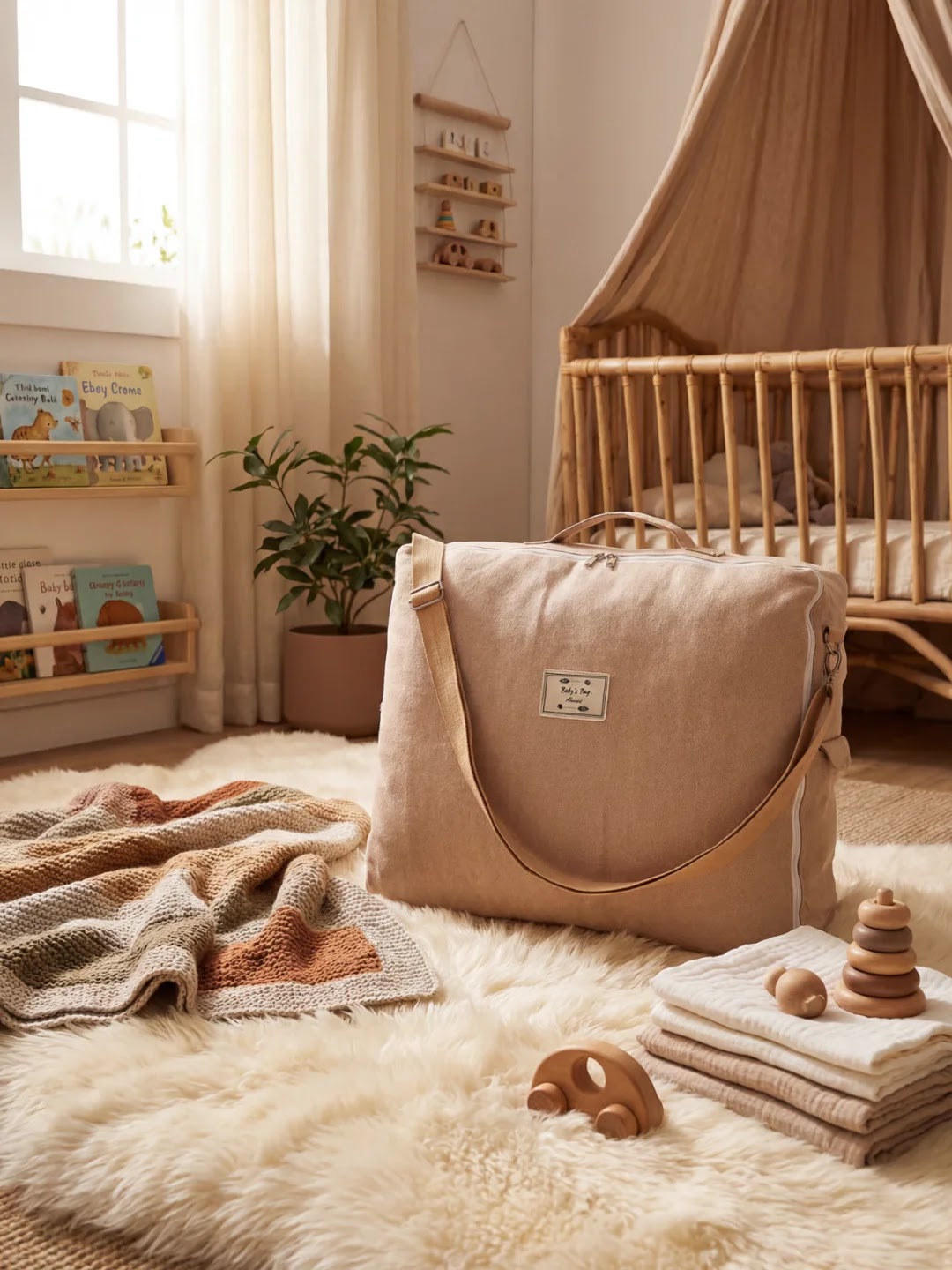 Sac à langer beige posé sur un tapis en fourrure dans une chambre de bébé avec berceau en bois et livres.