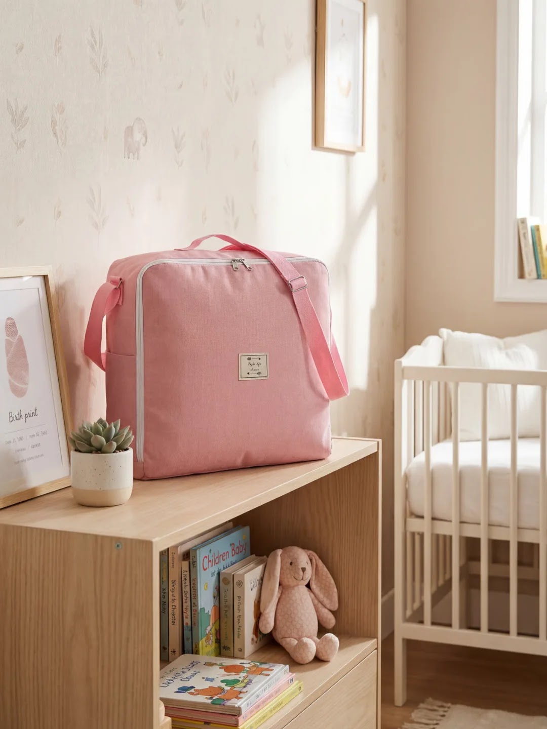 Sac rectangulaire rose posé sur une étagère en bois dans une chambre d'enfant avec un lit bébé en arrière-plan.
