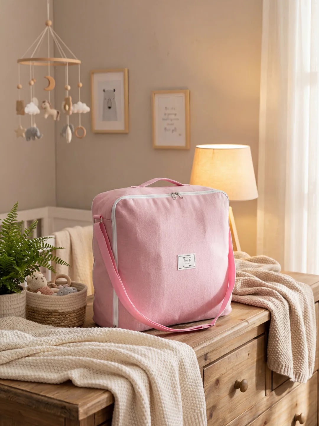 Sac de rangement rose avec sangle sur une commode en bois dans une chambre de bébé décorée.