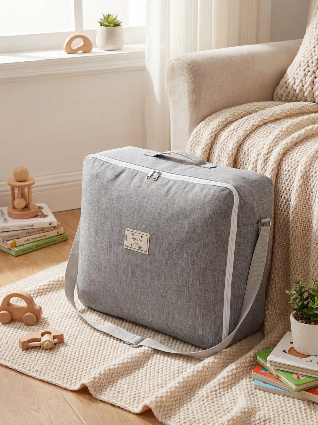 Sac de transport gris avec bandoulière pour réducteur de lit bébé posé dans un salon