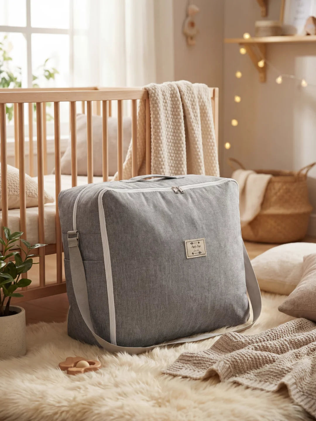 Sac de transport gris pour réducteur de lit bébé posé devant un lit à barreaux en bois