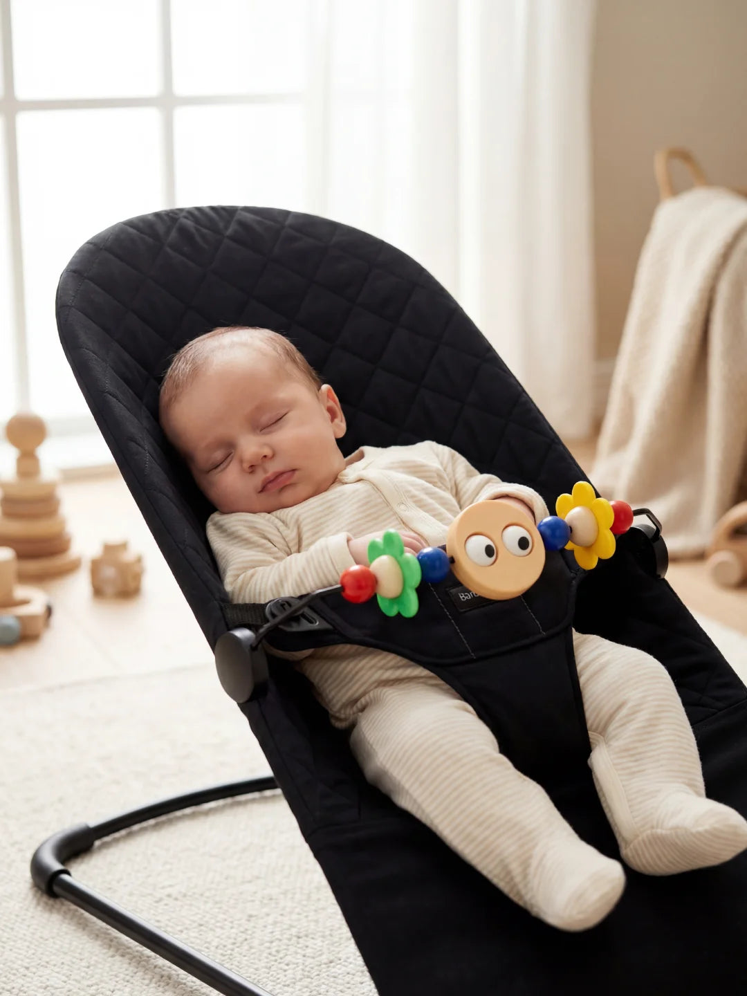 Nouveau-né qui dort paisiblement dans un transat noir moelleux avec le harnais de sécurité et l'arche de jeux.