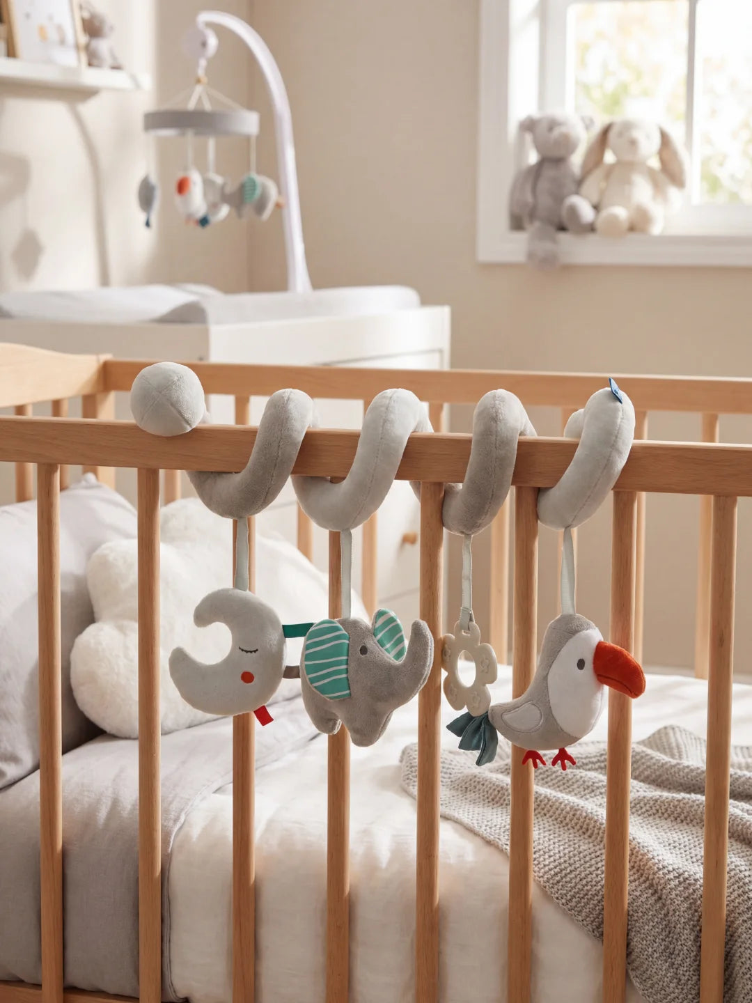Spirale d'éveil grise avec suspensions lune, éléphant et oiseau fixée sur un lit à barreaux.