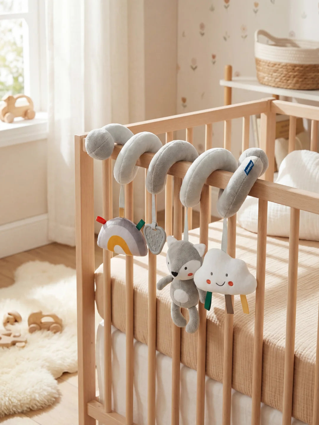 Spirale d'éveil grise avec peluche loup, nuage souriant et arc-en-ciel fixée sur un lit.