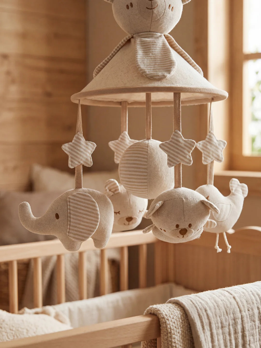 Détail des éléments suspendus en tissu : petit éléphant, ours et oiseau avec motifs à rayures.