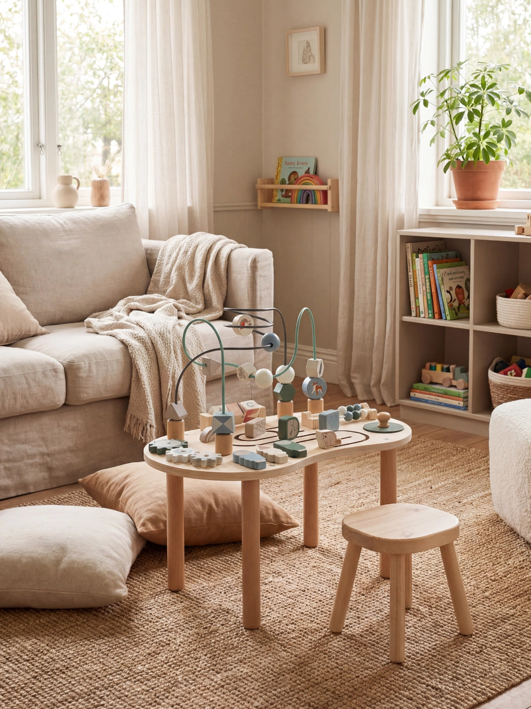 Table d'activité Montessori en bois naturel dans un salon moderne et apaisant pour enfants.