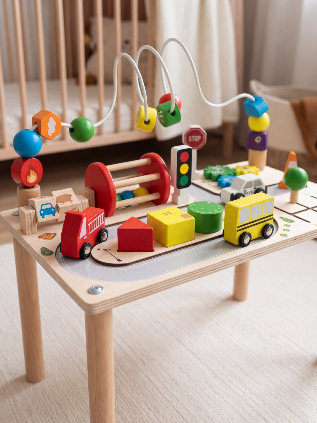 Table d'activité circuit routier en bois avec panneau Stop et voitures, près d'un lit de bébé à barreaux.