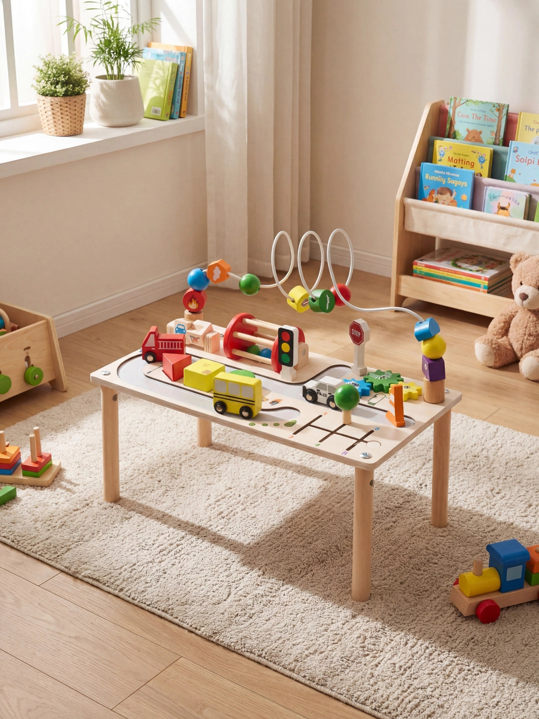Table d'activité en bois avec circuit routier, véhicules d'urgence et jeu de perles pour chambre d'enfant.