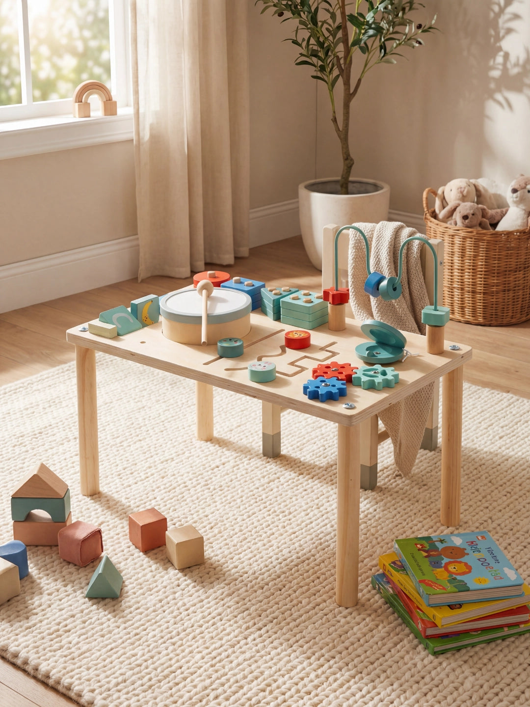 Table d'activité musicale en bois dans une chambre lumineuse avec plante, jouets en bois et tapis épais.