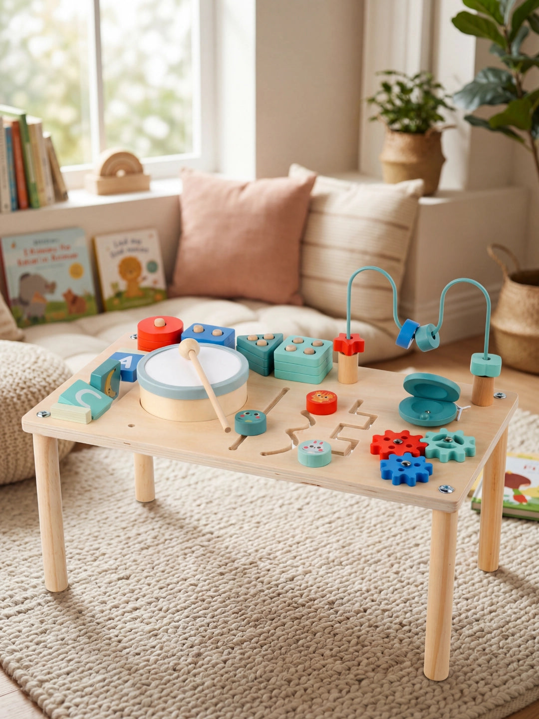 Table d'activité musicale en bois avec tambour, cymbales, engrenages et jeux de construction, style Montessori.