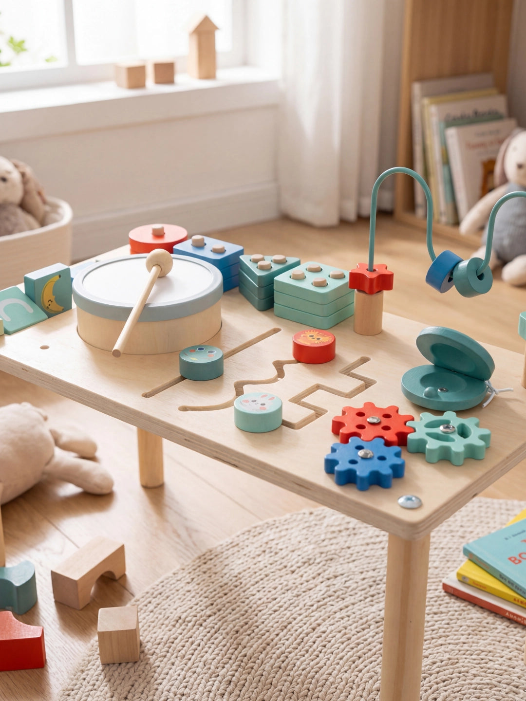 Vue de la table d'activité musicale et à engrenages en bois posée sur un tapis dans une chambre d'enfant.