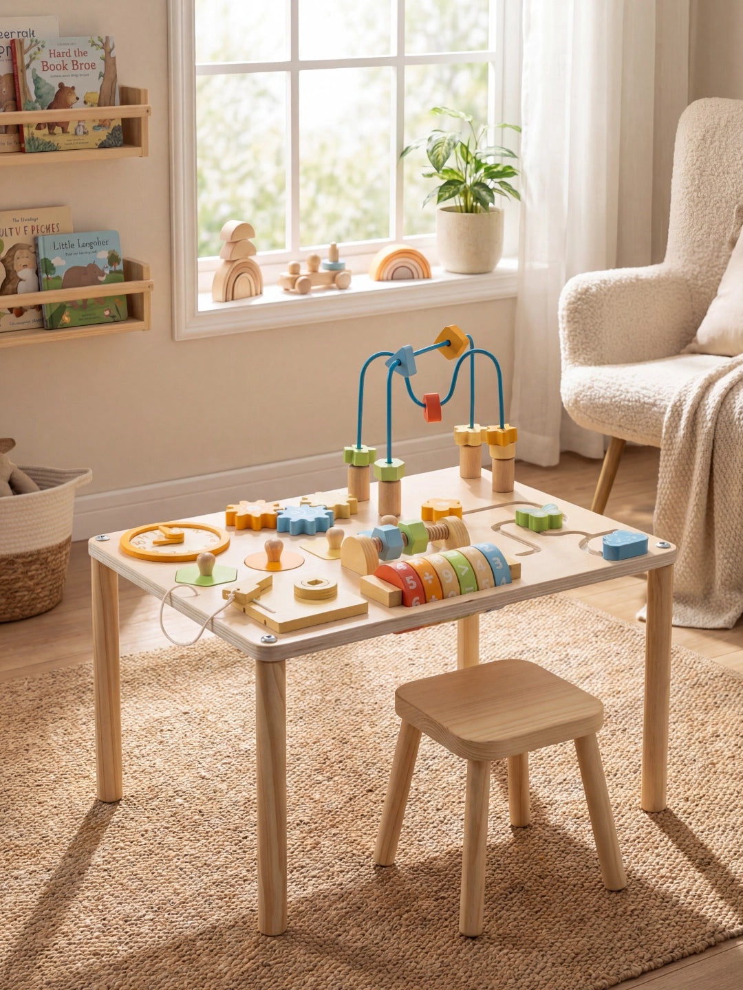 Table d’activités Montessori en bois avec tabouret, idéale pour le développement de bébé