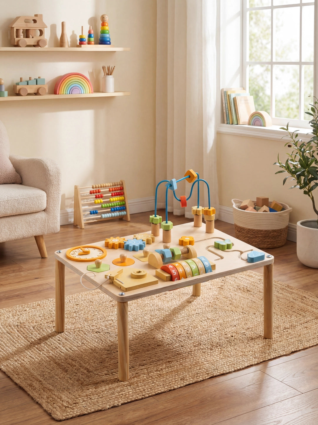 Table d’éveil en bois pour bébé installée dans une chambre enfant, jeu éducatif Montessori