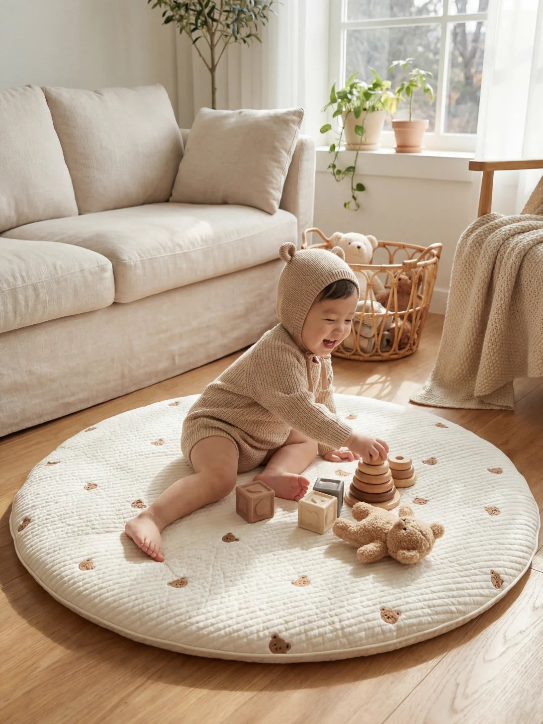Bébé assis sur un tapis d'activité blanc utilisant un jouet à empiler en bois dans un intérieur moderne et chaleureux.