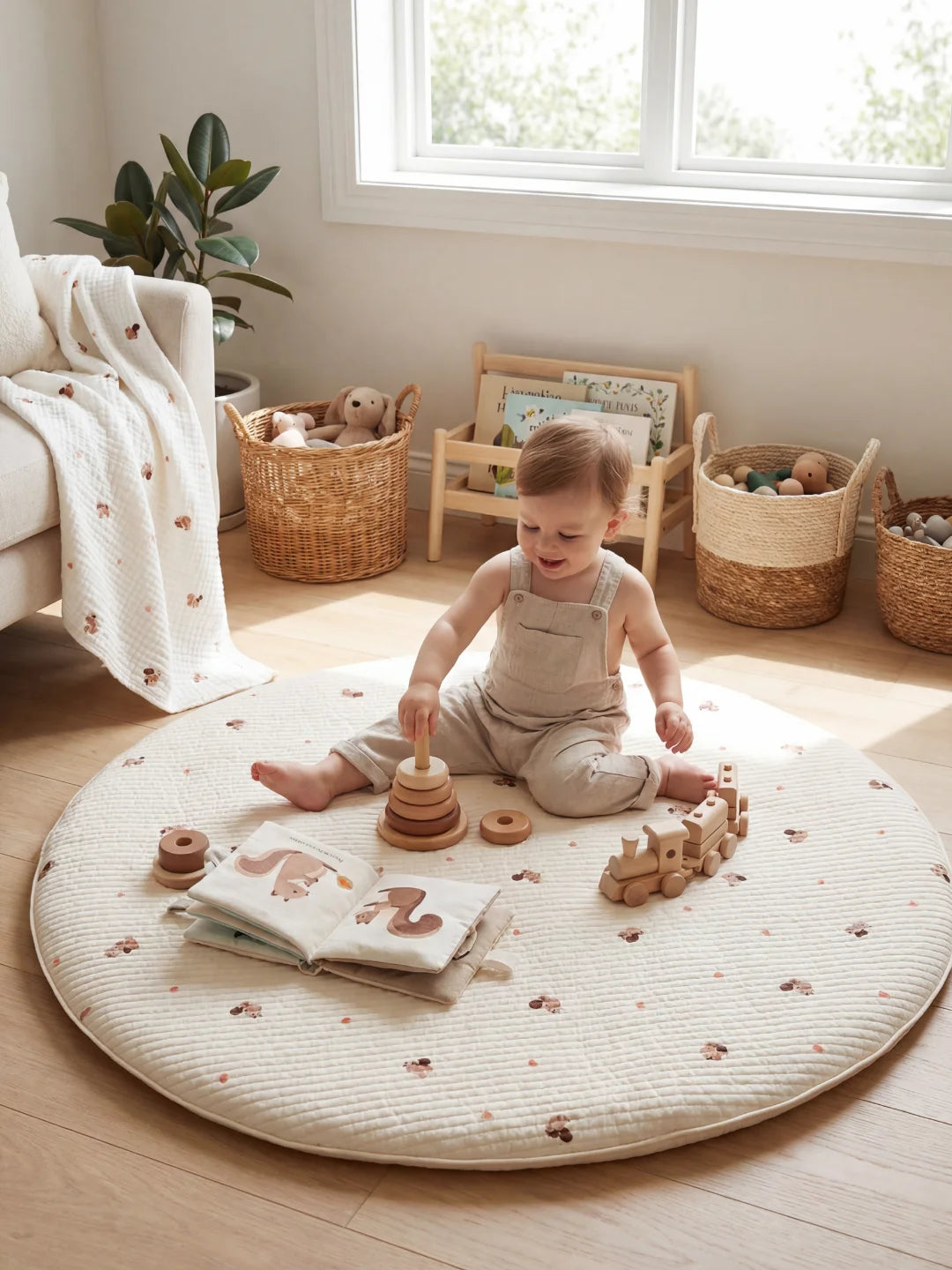 Enfant jouant avec un train en bois et un livre sur un tapis d'activité blanc aux motifs d'écureuils de la forêt.