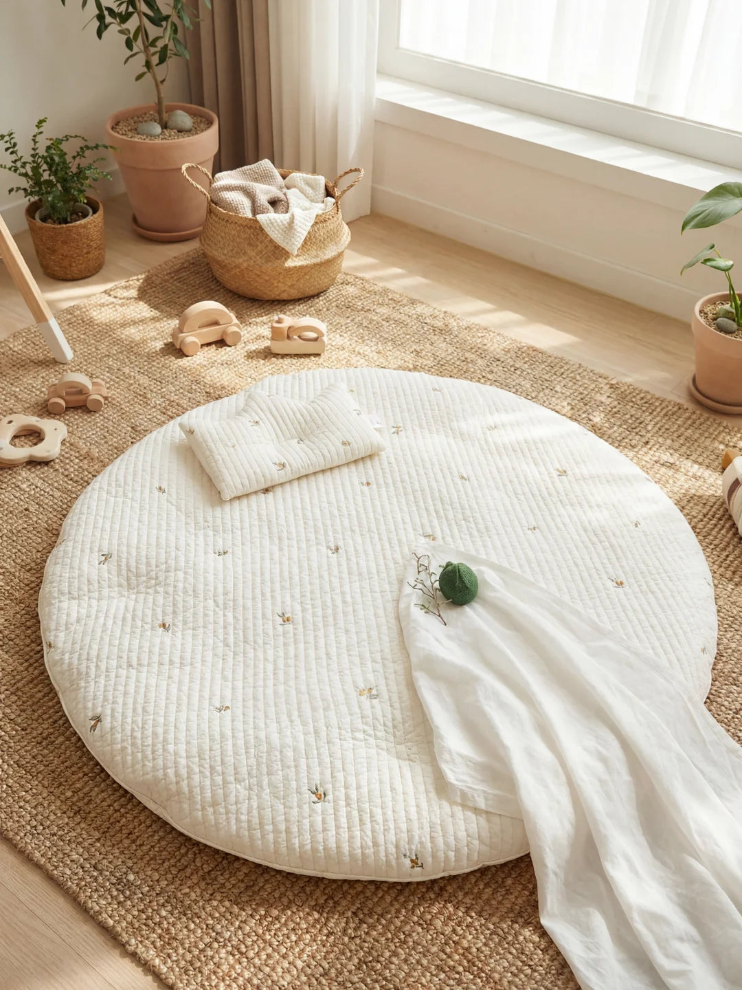 Tapis d'éveil rond blanc avec broderies olives, coussin assorti et jouets en bois sur un tapis en jute.