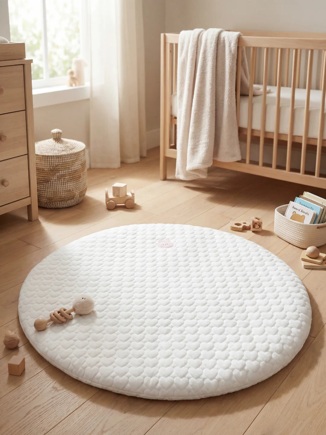 Tapis d'éveil rond blanc avec texture cœurs et broderie lapin rose dans une chambre de bébé scandinave.
