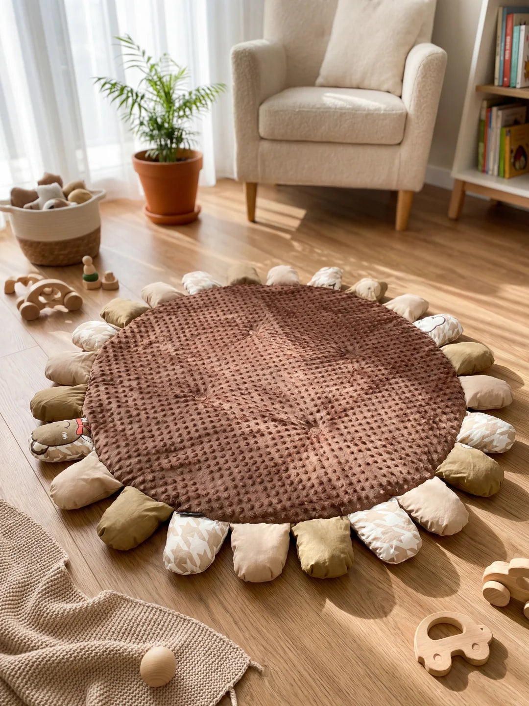 Tapis d'éveil rond en tissu minky marron entouré de pétales rembourrés aux tons ocre et beige dans une chambre lumineuse.