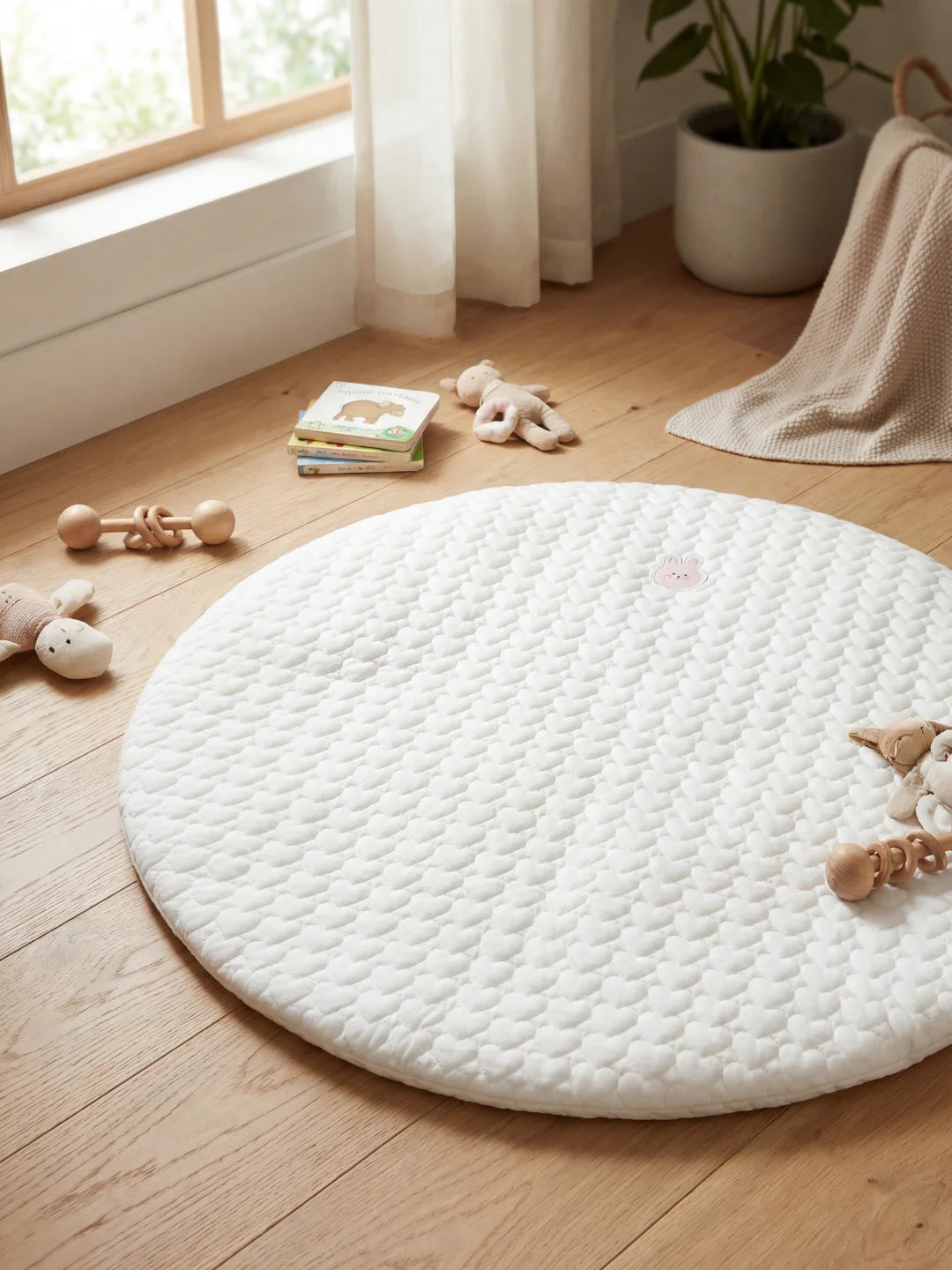 Vue d'ensemble d'un tapis de sol blanc texturé avec un petit lapin rose brodé, entouré de jouets d'éveil en bois.