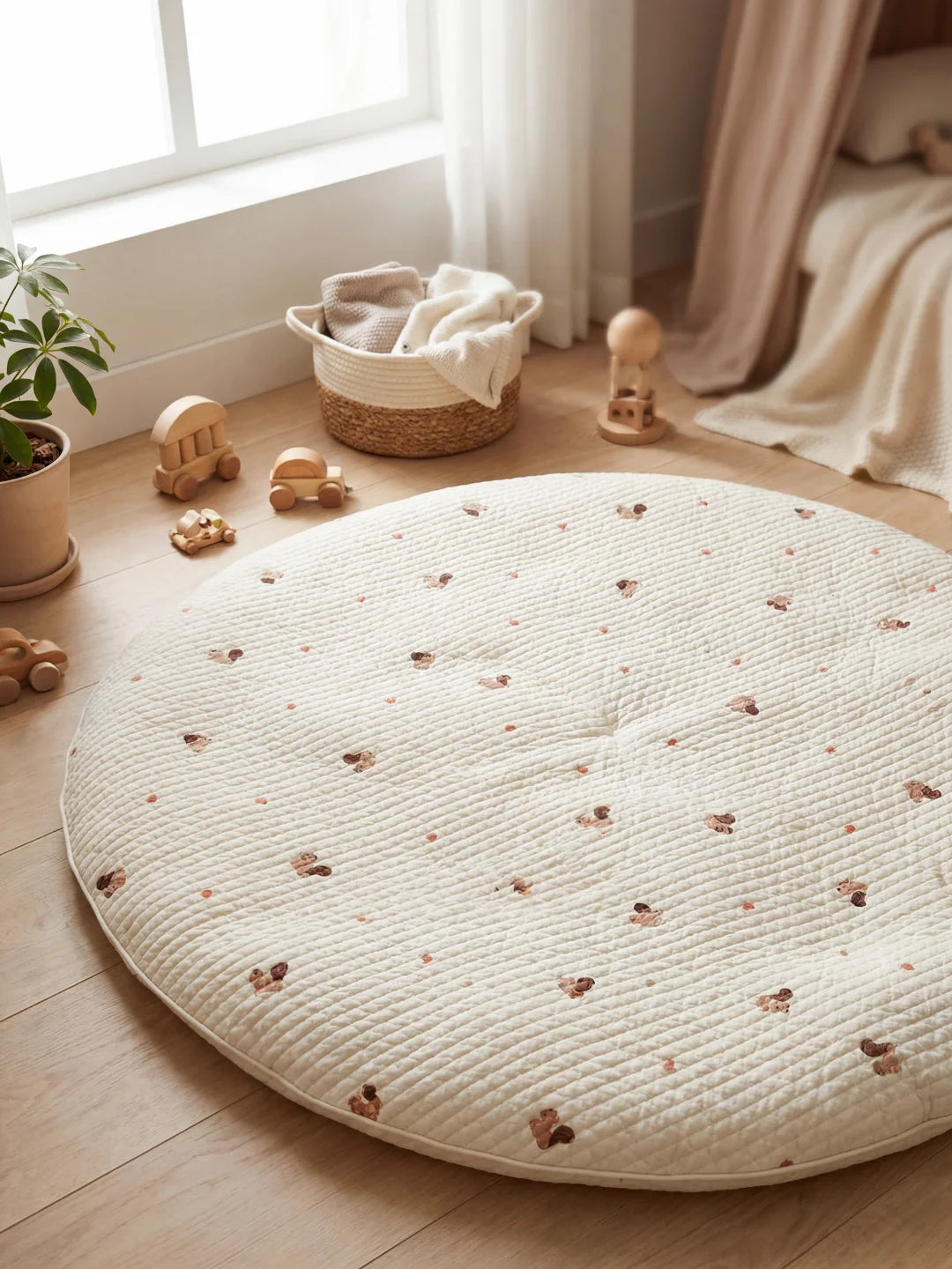 Vue d'angle d'un tapis de sol pour bébé avec imprimés écureuils dans une chambre lumineuse avec décoration bois.