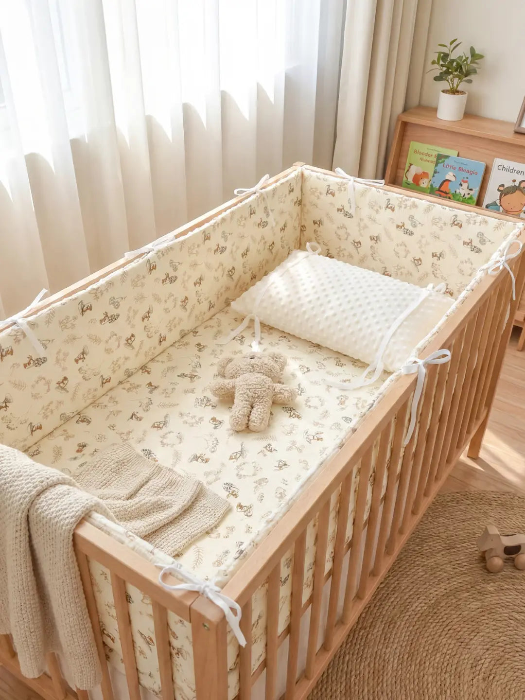 Tour de Lit Matelassé avec motifs d'animaux installé dans un berceau