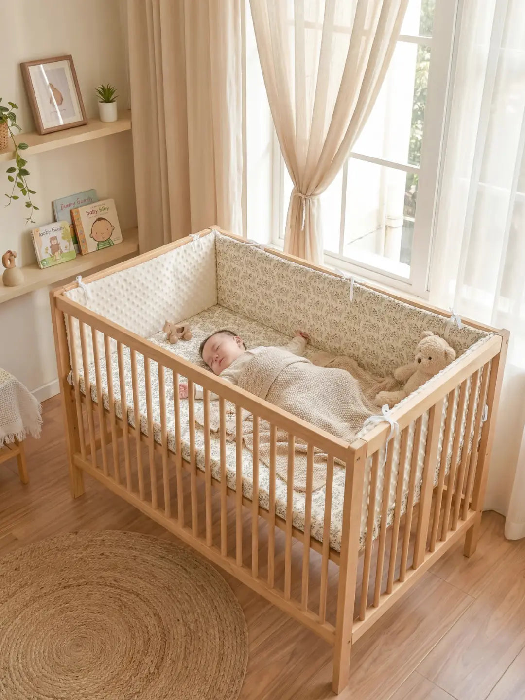 Tour de Lit Matelassé beige imprimé installé dans un berceau