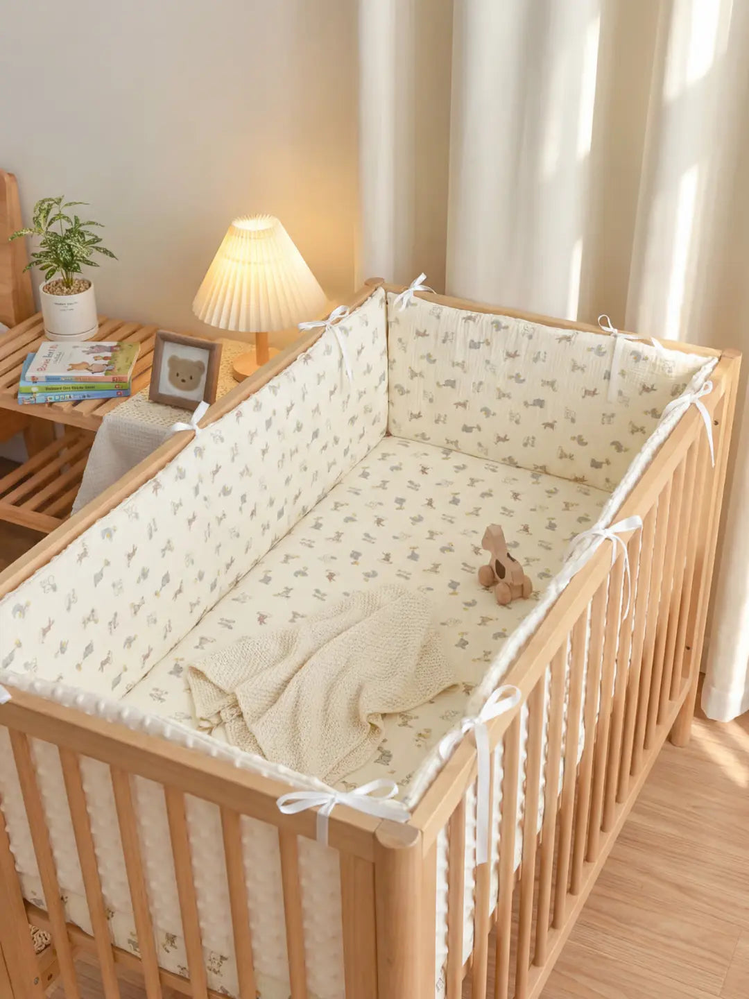 Tour de Lit Matelassé beige avec des motifs imprimés installé dans un berceau