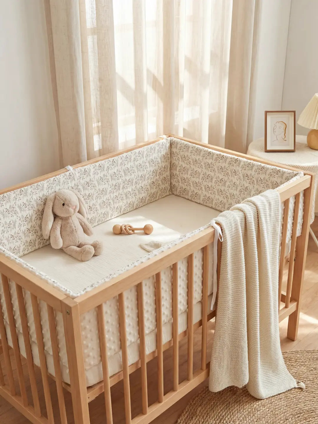 Tour de Lit Matelassé beige avec motif floral installé dans un berceau