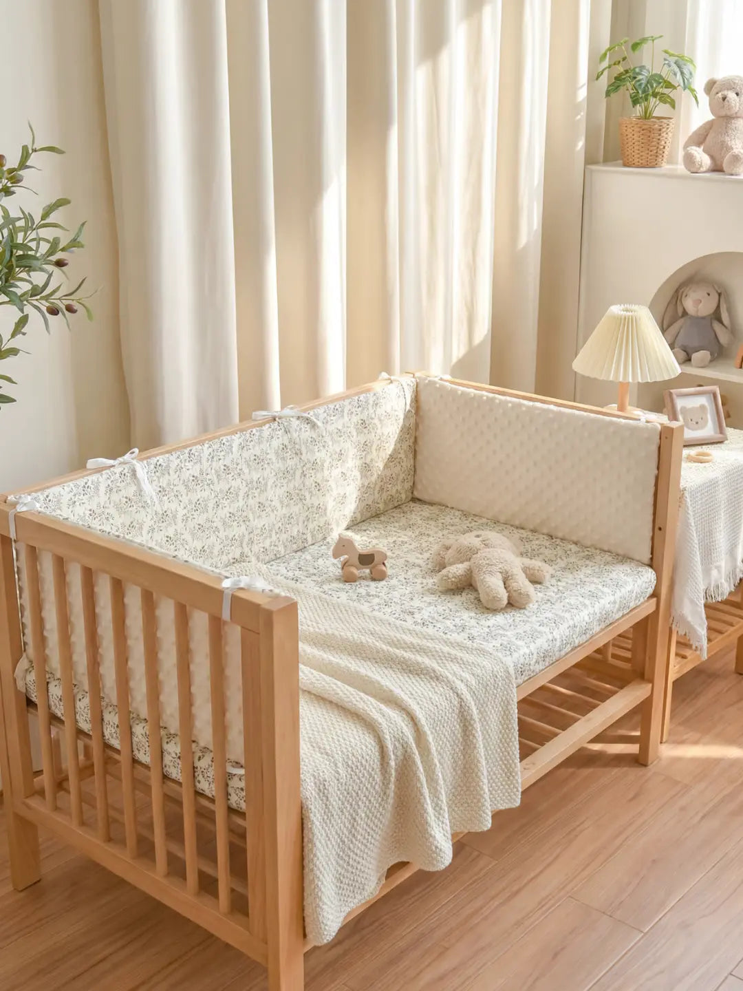 Tour de Lit Matelassé floral beige installé dans un berceau en bois