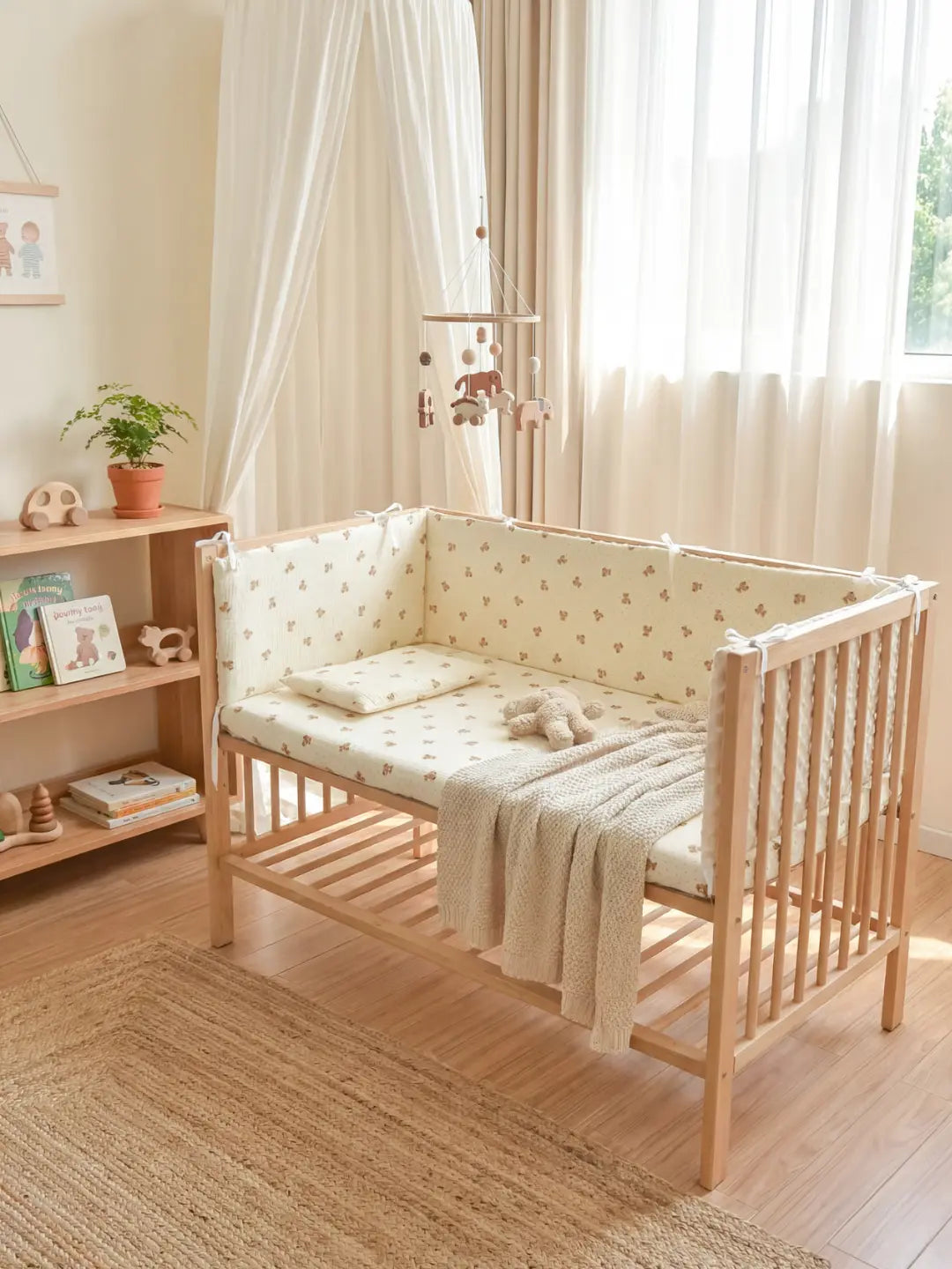 Tour de Lit Matelassé jaune pastel installé dans un berceau en bois